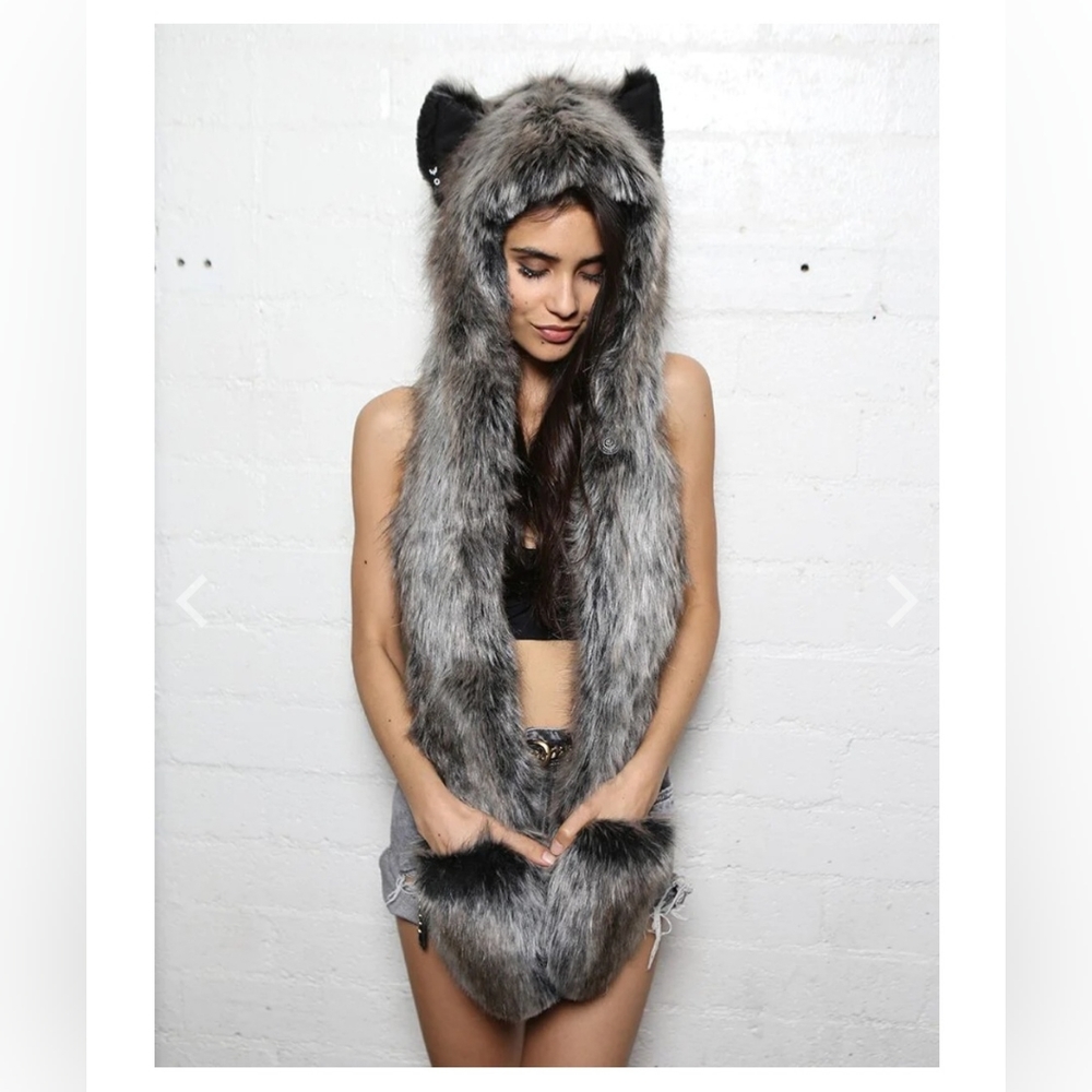Faux Fur Wolf Hood with Ear and Scarf Paws - Gray